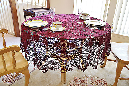 Festive Crochet Round Tablecloth. Merlot color. 70" Round